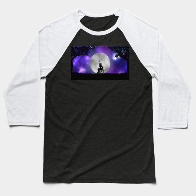 Disabled wheelchair user ballerina dancing before a full moon and galaxy Baseball T-Shirt by Kyttsy Krafts